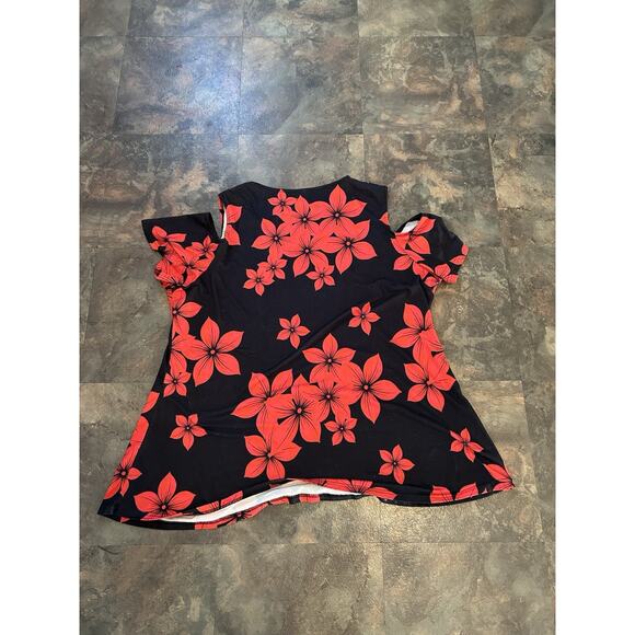 Unbranded Tops - Women's Black Red Floral Shoulder Cut Out Short Sleeve Blouse Summer Top XXL